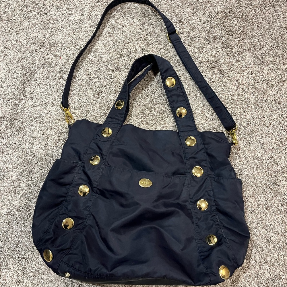 NEST designer diaper Bag with Gold Accents Navy inside pockets totes